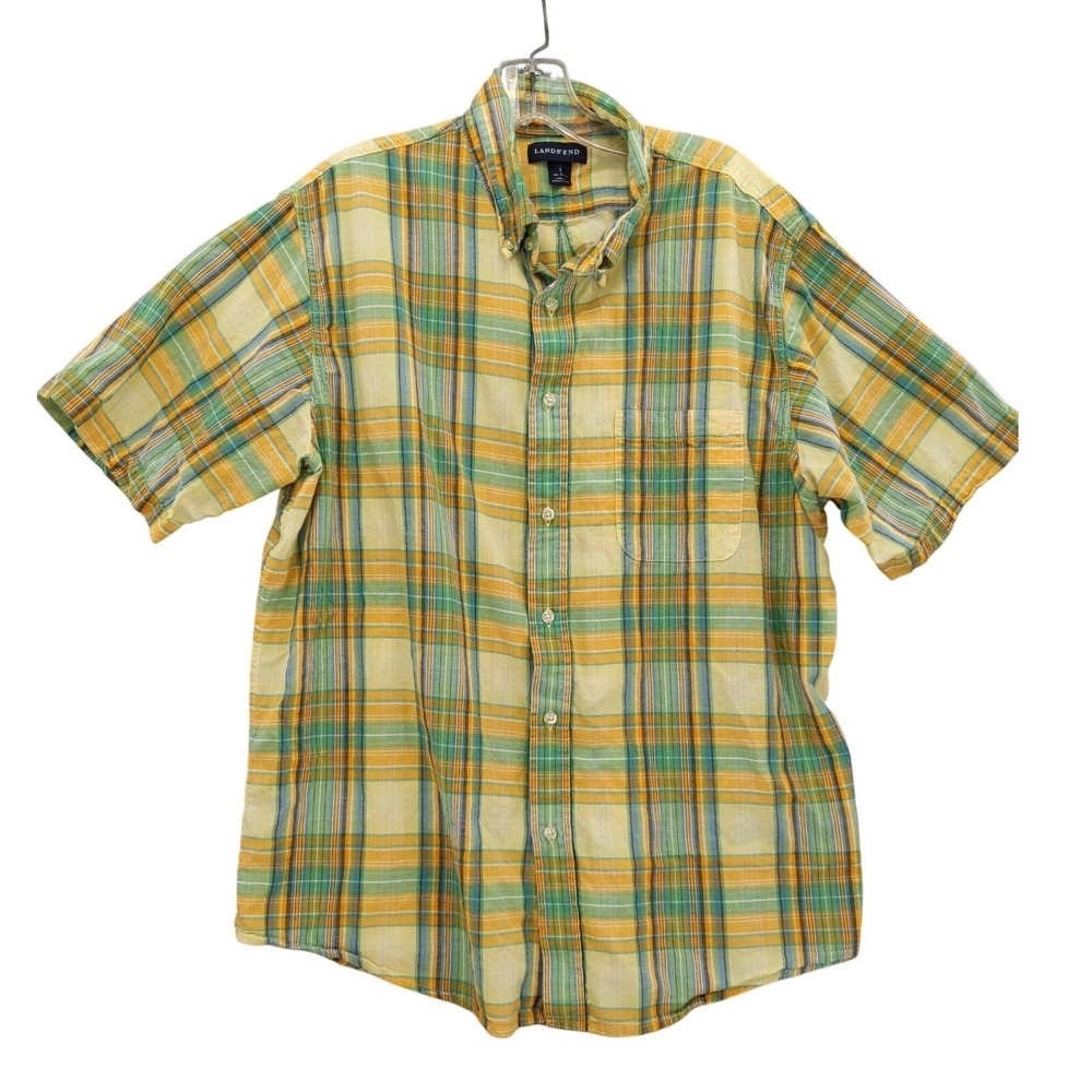 Lands' End Plaid Button Up Short Sleeve Casual Camp Shirt Mens‎ L